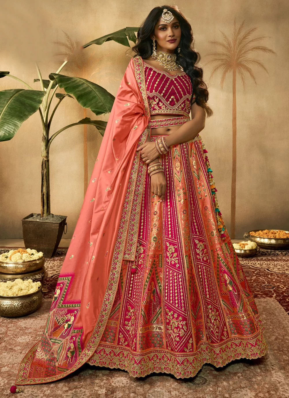 Orange, Pink Banarasi Silk Resham Embroidered A Line Royal Bridal Lehenga