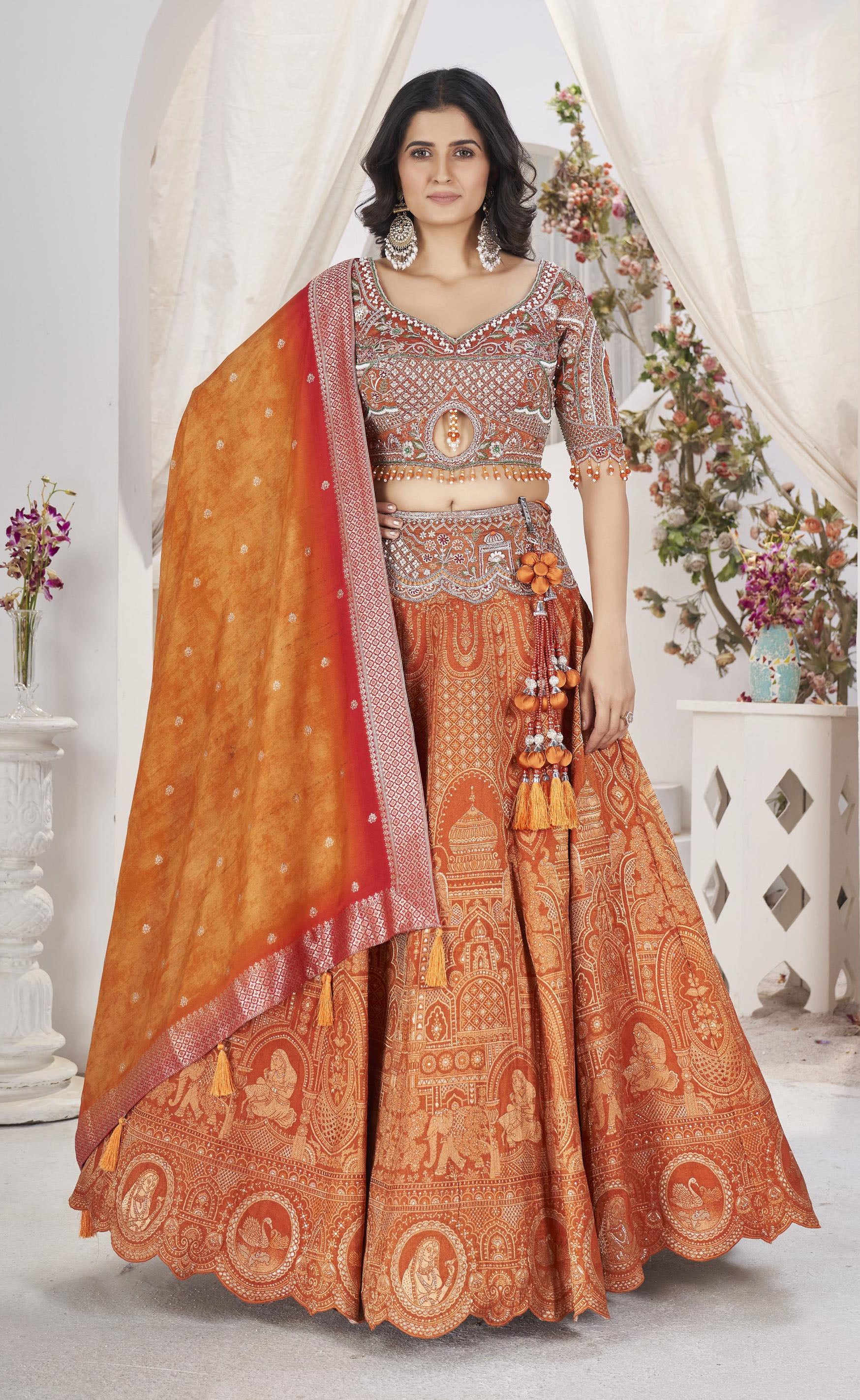 Orange Sequins Embroidered Jacquard Lehenga Choli