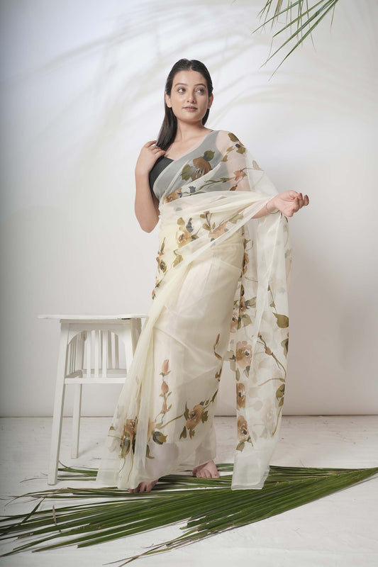 Orchid Story | Off White Floral Handpainted Organza Saree