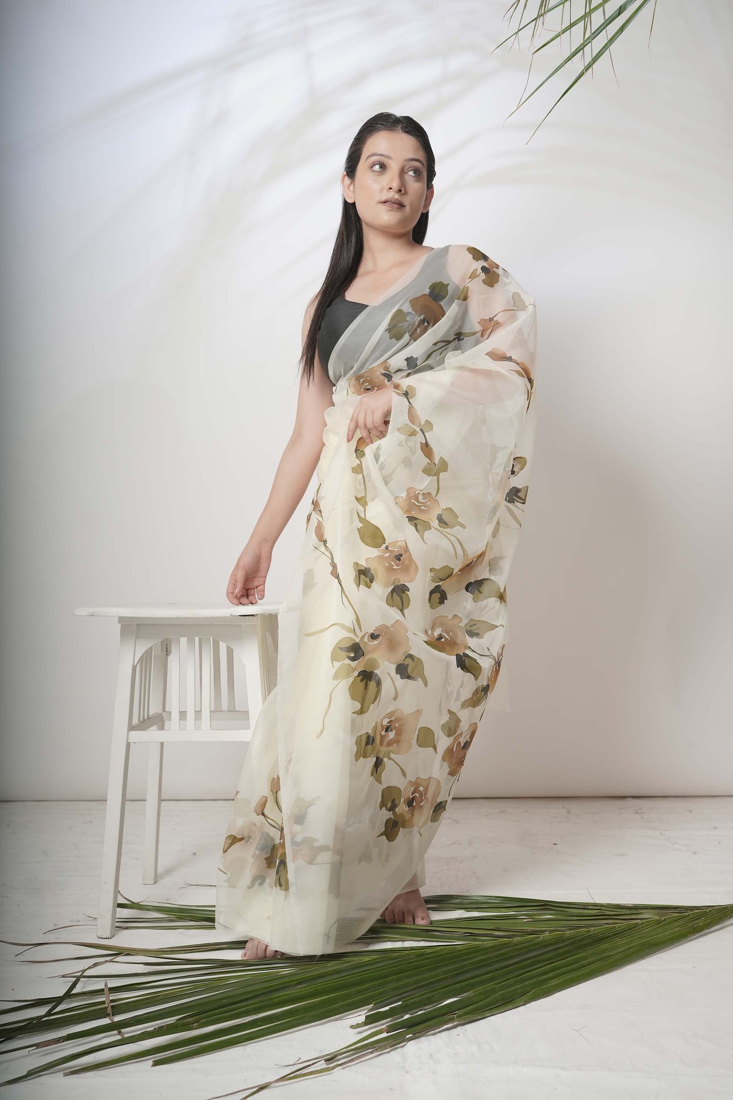 Orchid Story | Off White Floral Handpainted Organza Saree