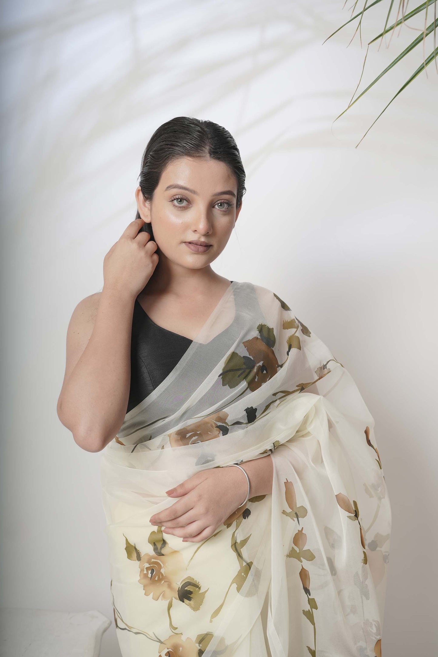 Orchid Story | Off White Floral Handpainted Organza Saree