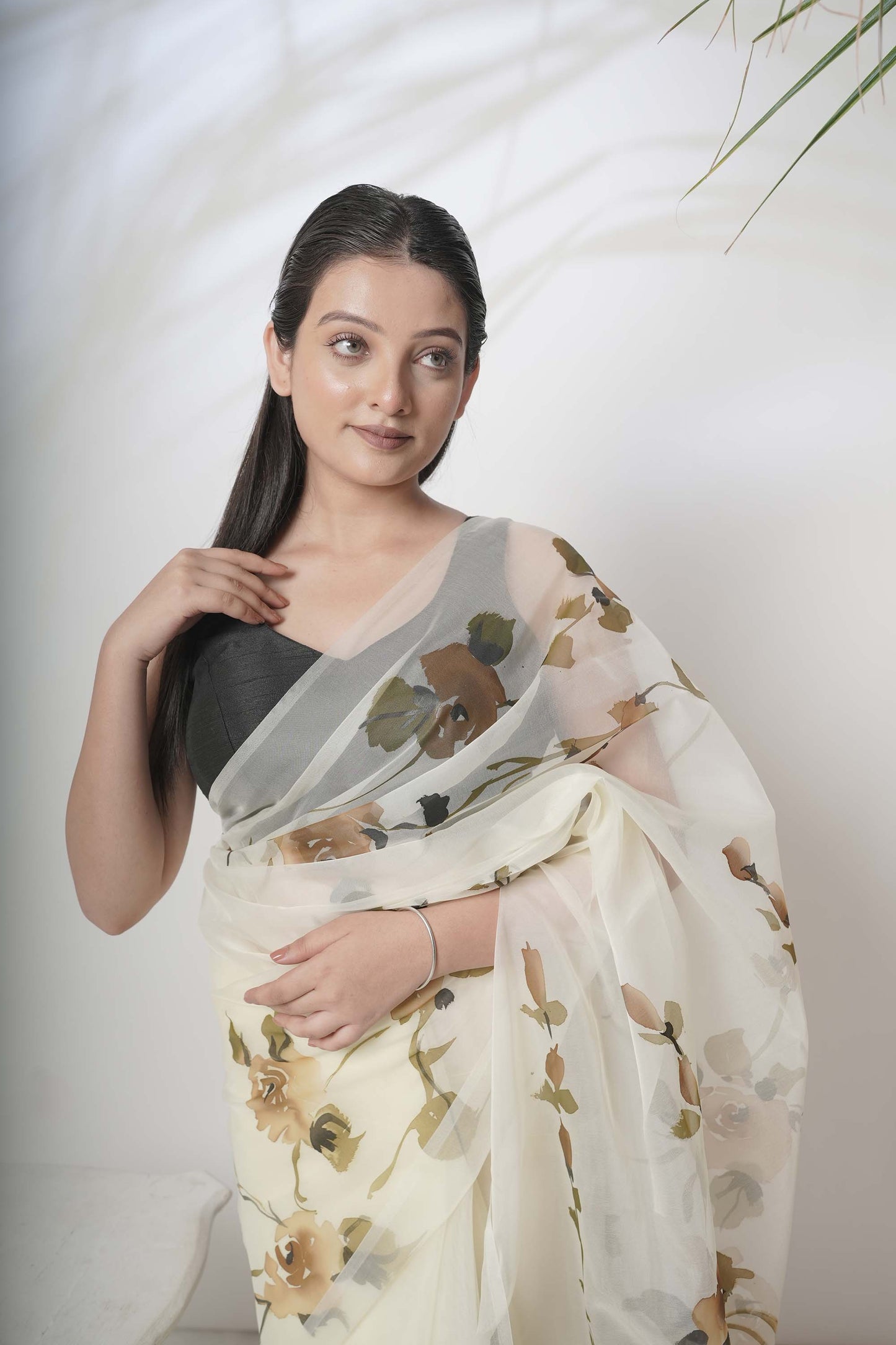 Orchid Story | Off White Floral Handpainted Organza Saree