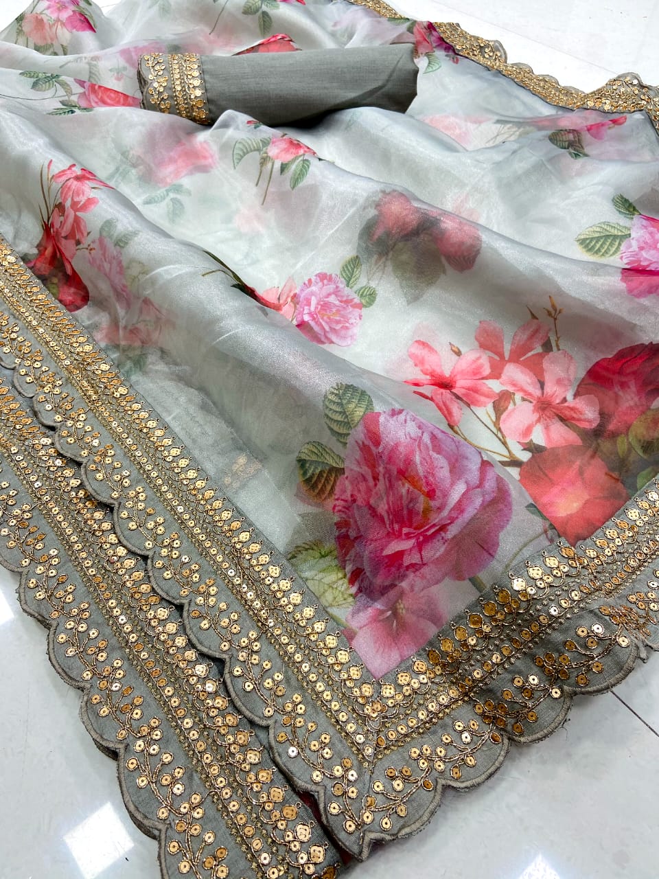 Organza Digital Print Saree | Flower Digital Print Saree By Rank Never Retires