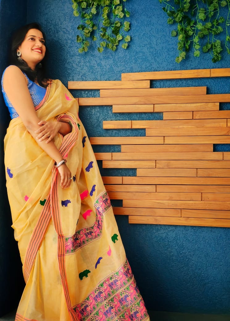 Jungle Treasures Yellow Cotton Silk Handloom saree