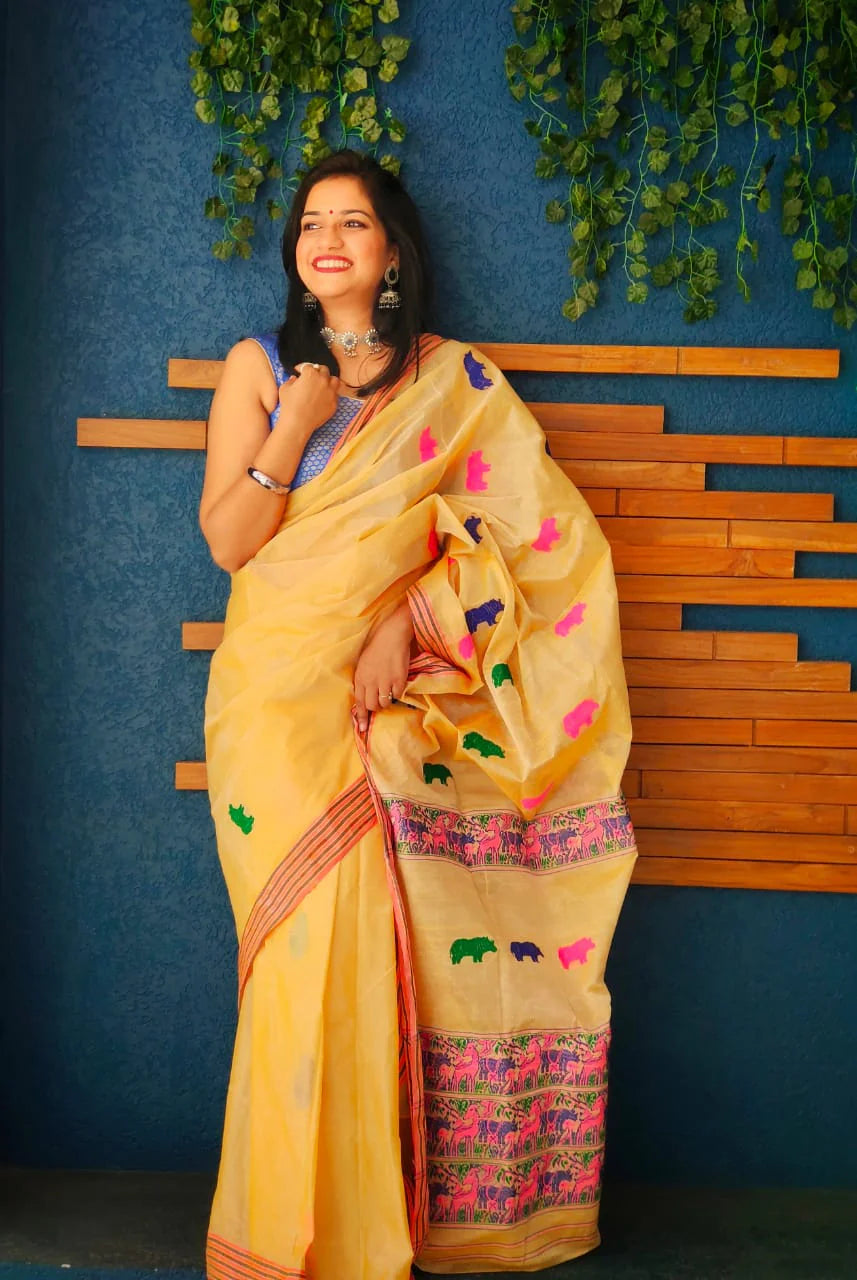 Jungle Treasures Yellow Cotton Silk Handloom saree