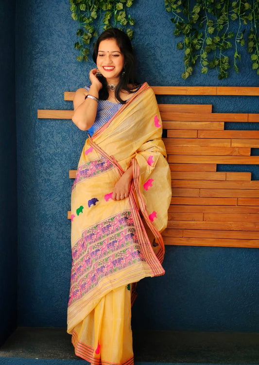 Jungle Treasures Yellow Cotton Silk Handloom saree