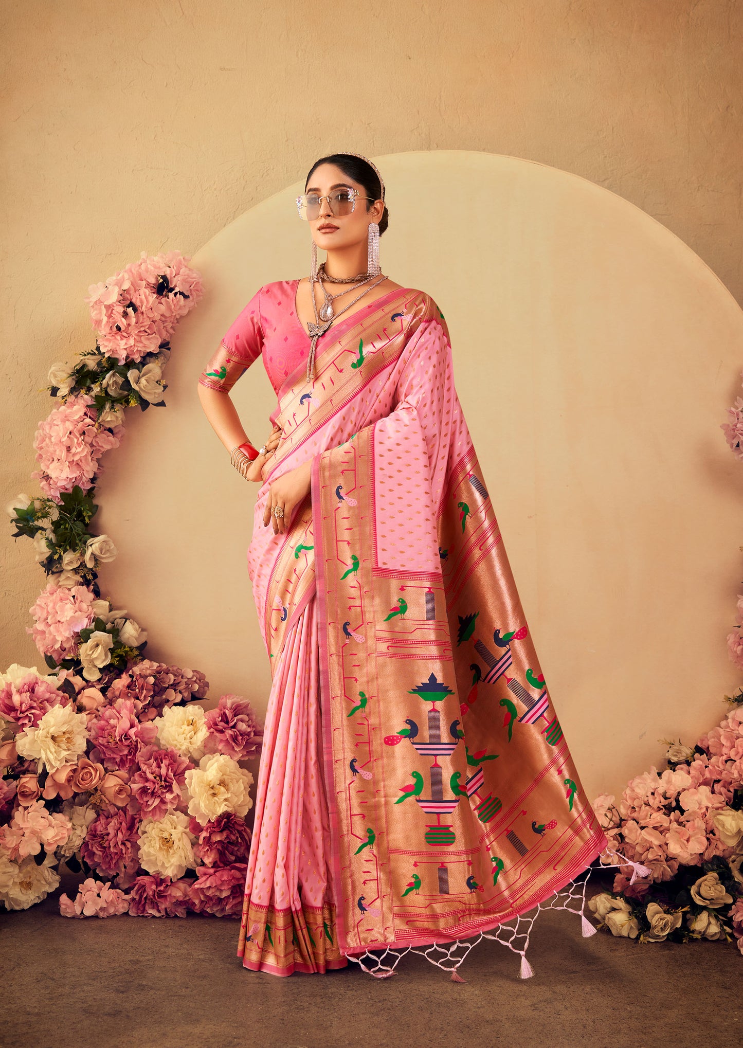 Baby Pink Paithani Silk Zari woven Butti Saree