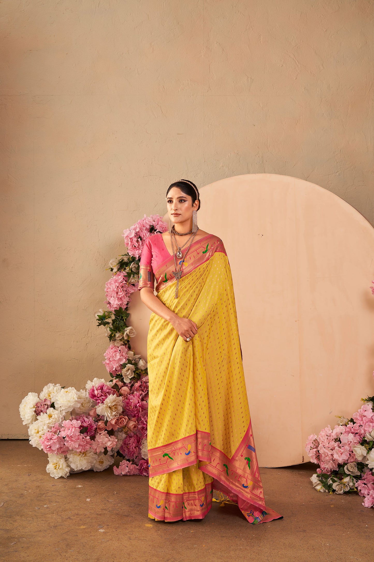 Yellow Paithani Silk Zari woven Butti Saree