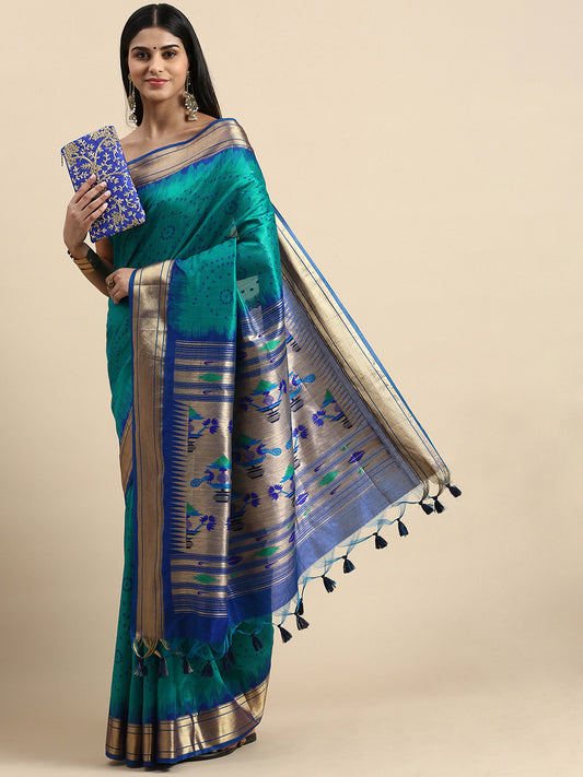 Firozi Zari Woven Paithani Silk saree