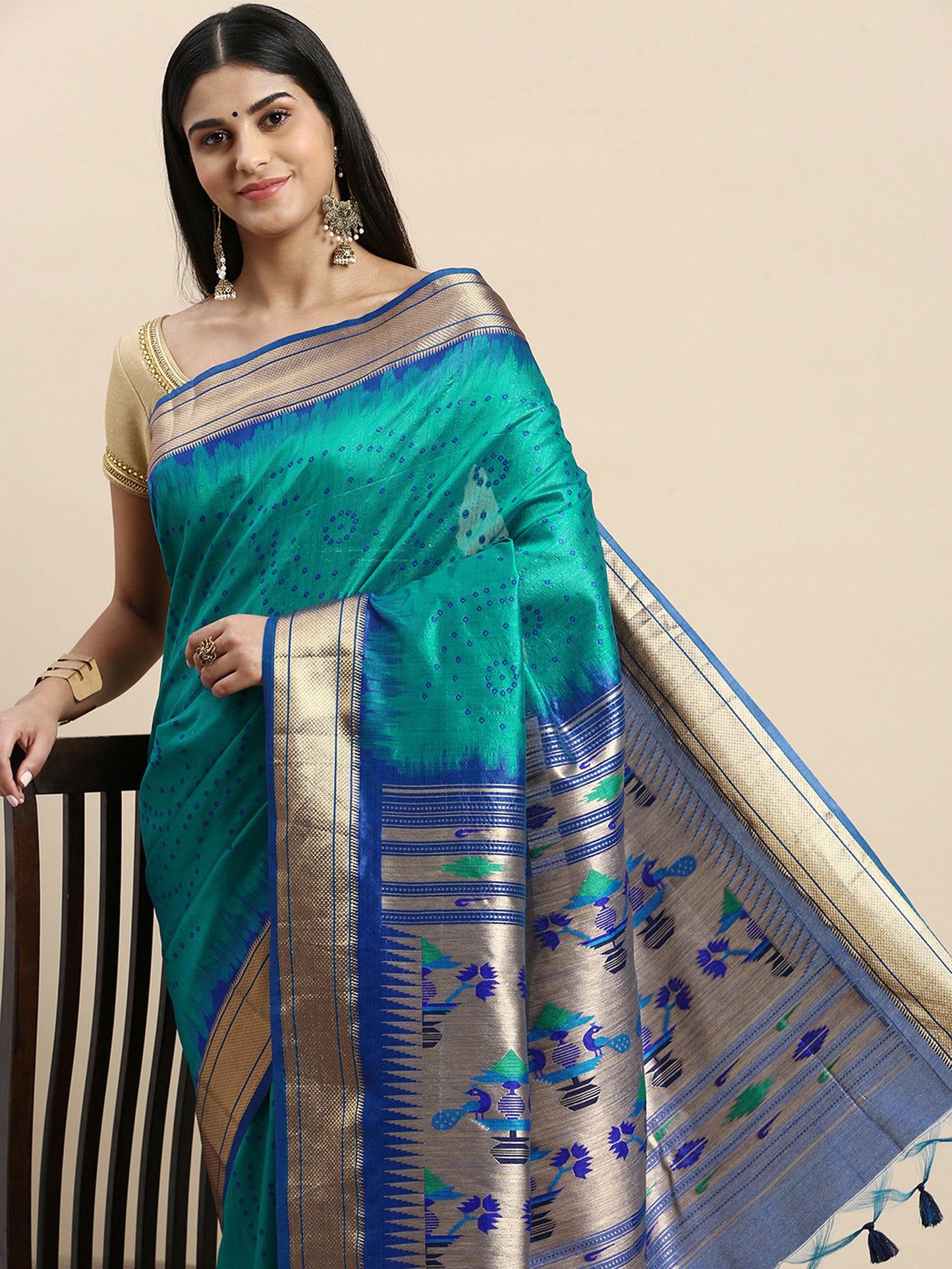 Firozi Zari Woven Paithani Silk saree