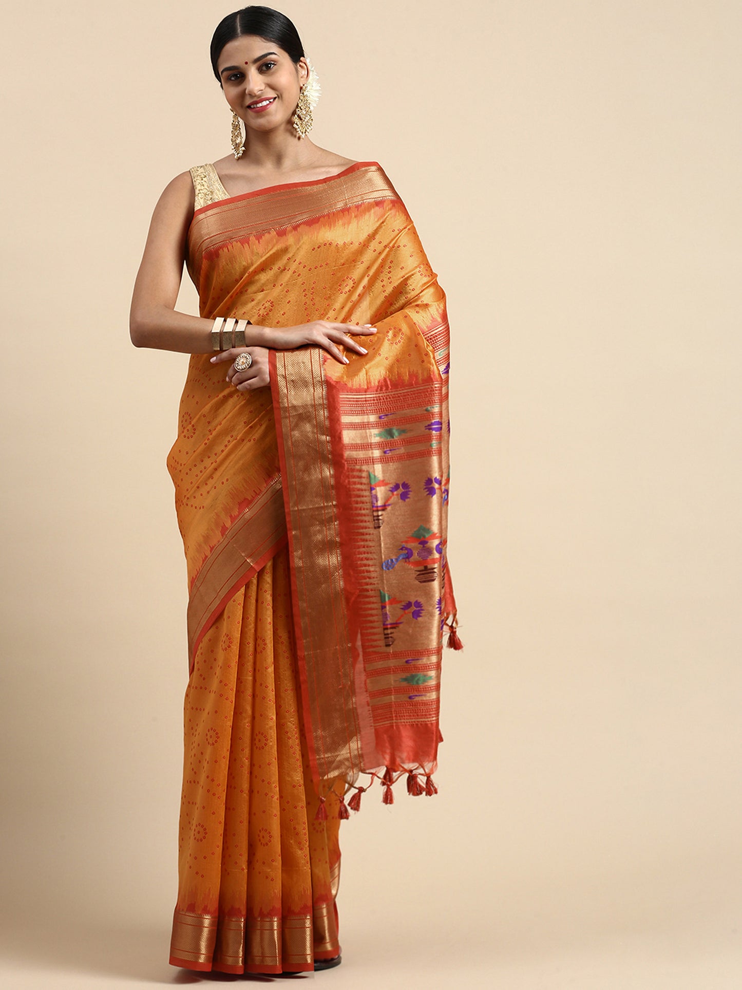 Orange Zari Woven Paithani Silk saree