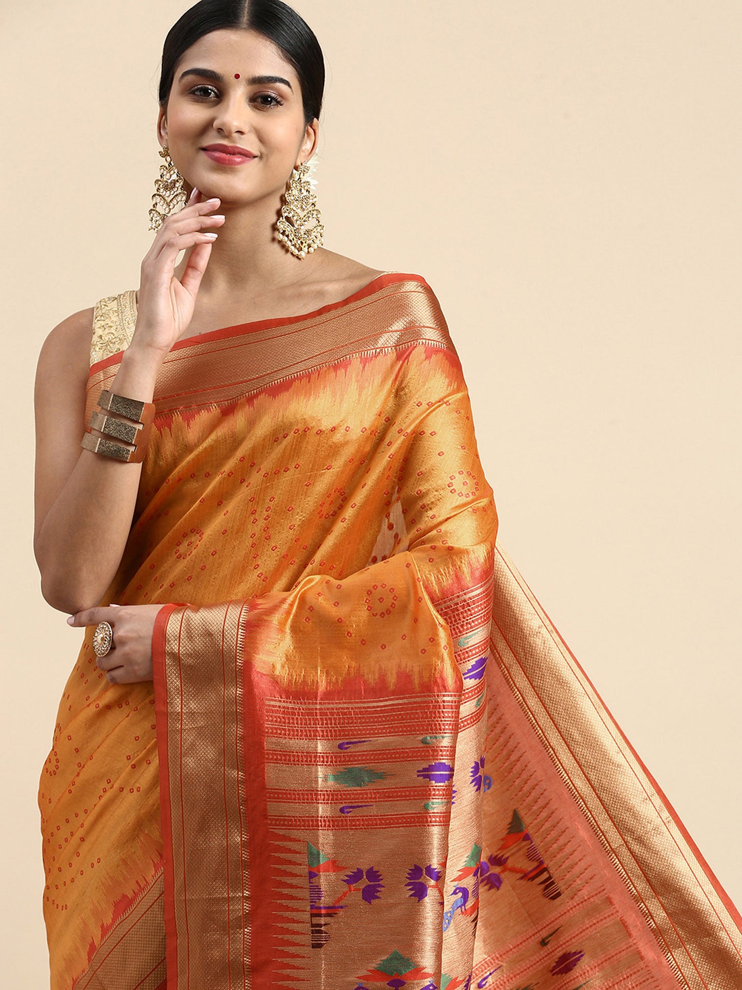 Orange Zari Woven Paithani Silk saree