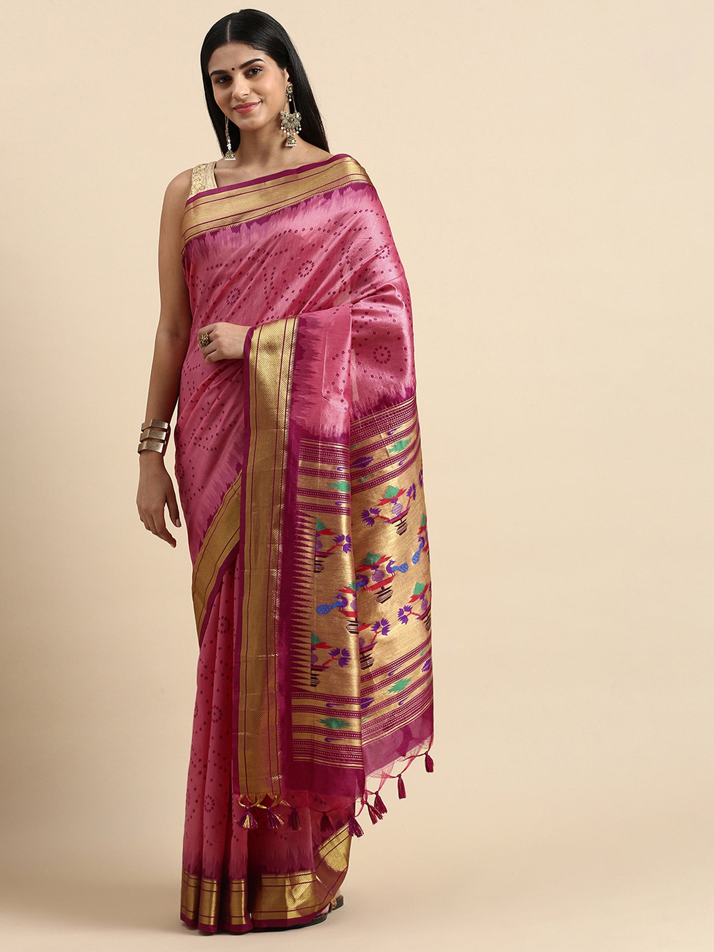 Rani Pink Zari Woven Paithani Silk saree