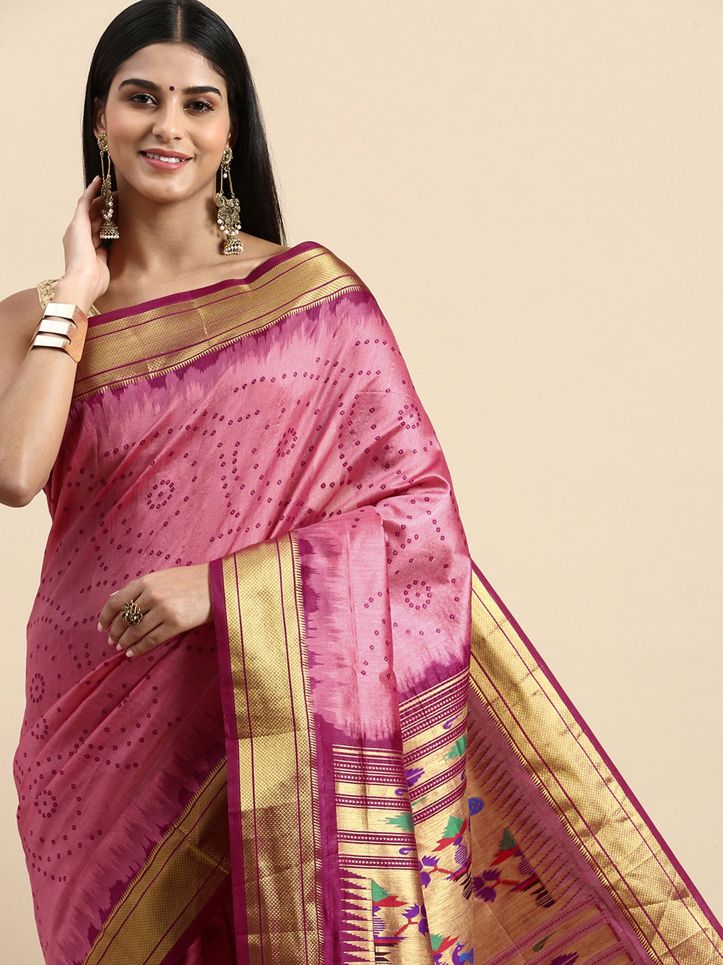 Rani Pink Zari Woven Paithani Silk saree