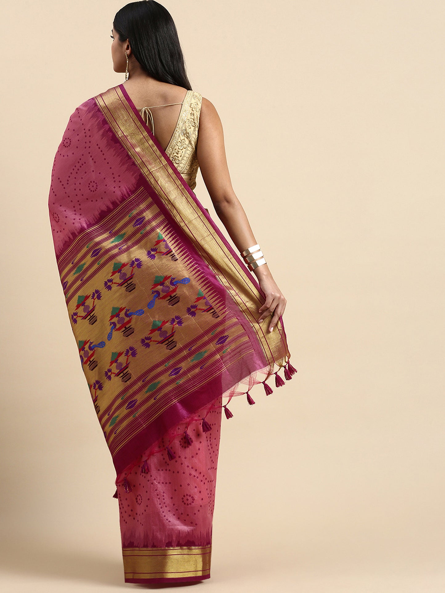 Rani Pink Zari Woven Paithani Silk saree