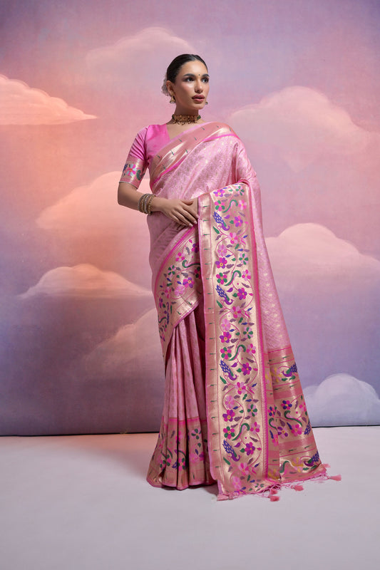 Baby Pink Paithani Silk Meenakari Zari Woven Saree