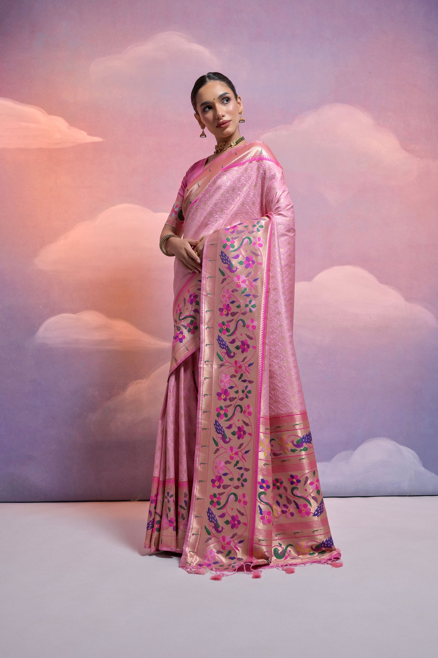 Baby Pink Paithani Silk Meenakari Zari Woven Saree