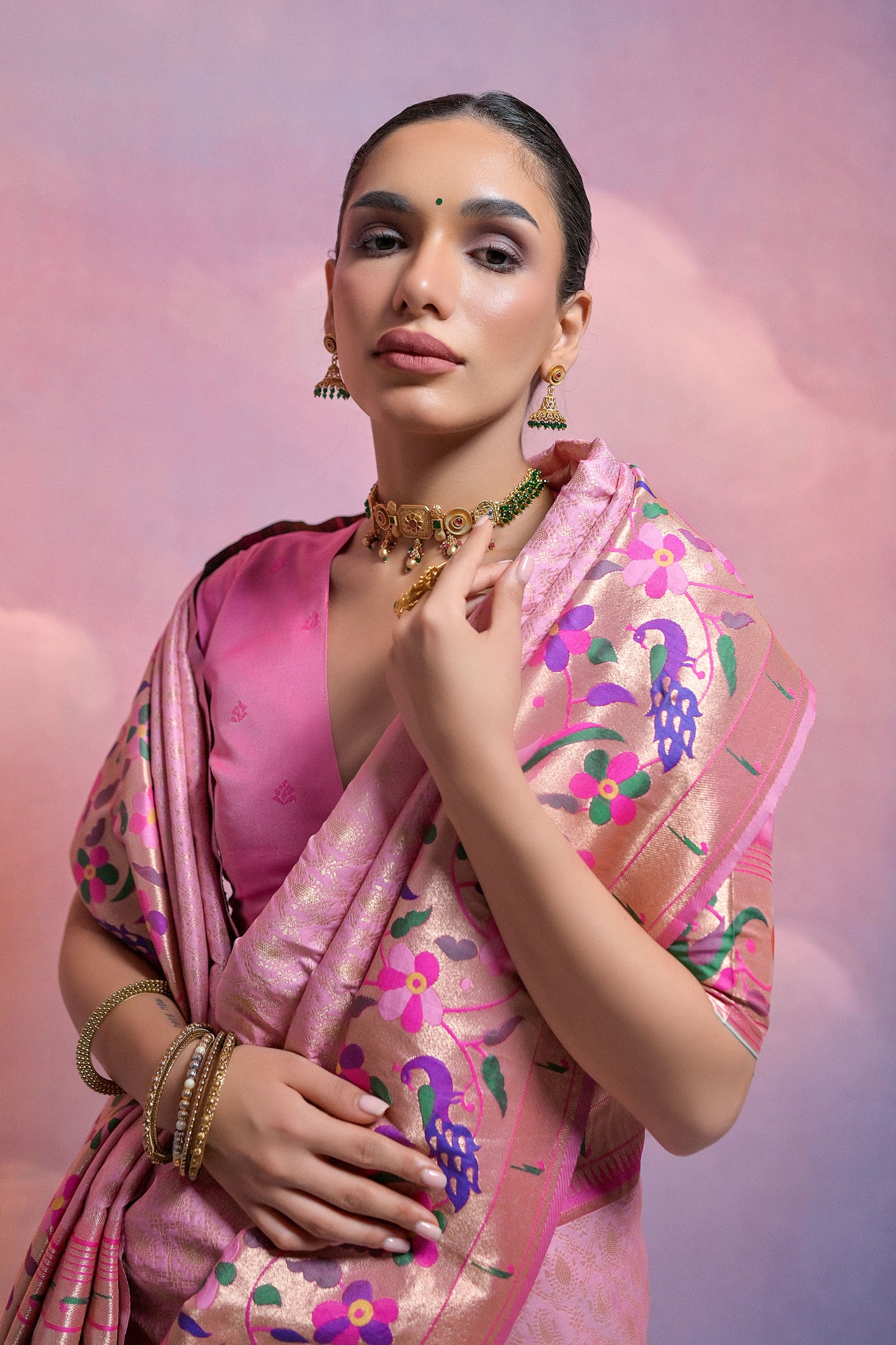 Baby Pink Paithani Silk Meenakari Zari Woven Saree