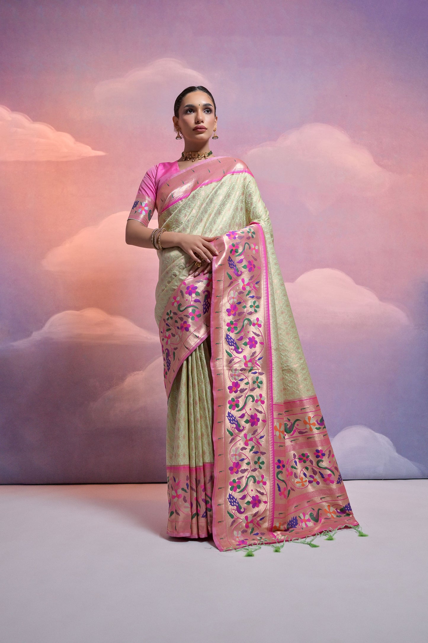 Pista Paithani Silk Meenakari Zari Woven Saree