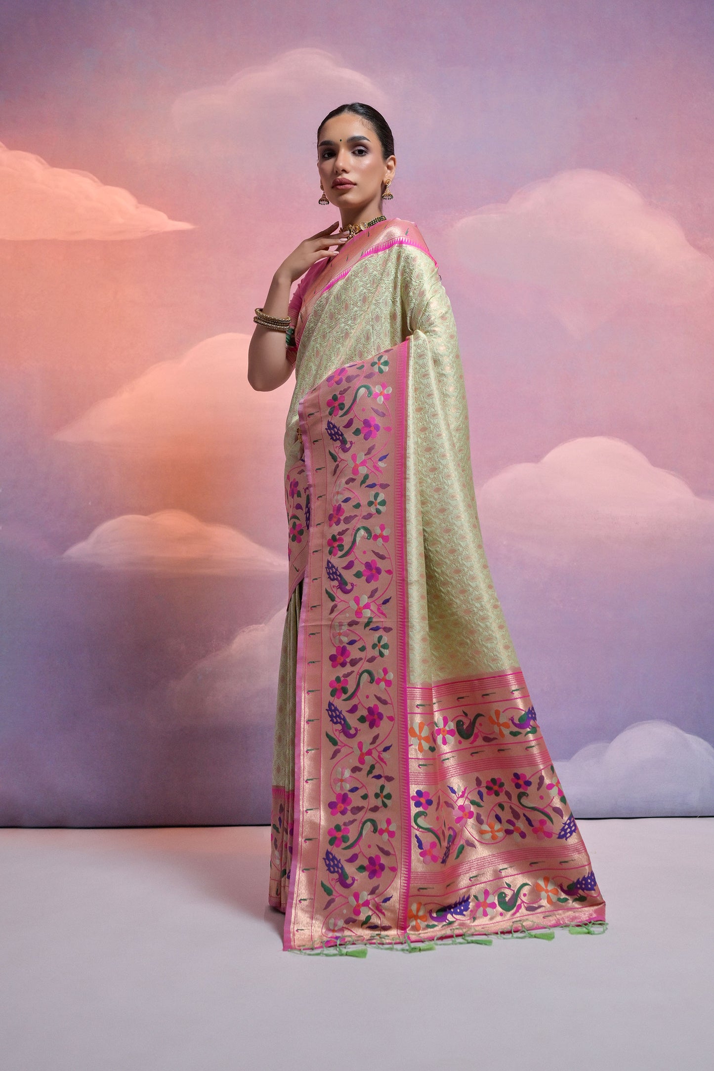 Pista Paithani Silk Meenakari Zari Woven Saree