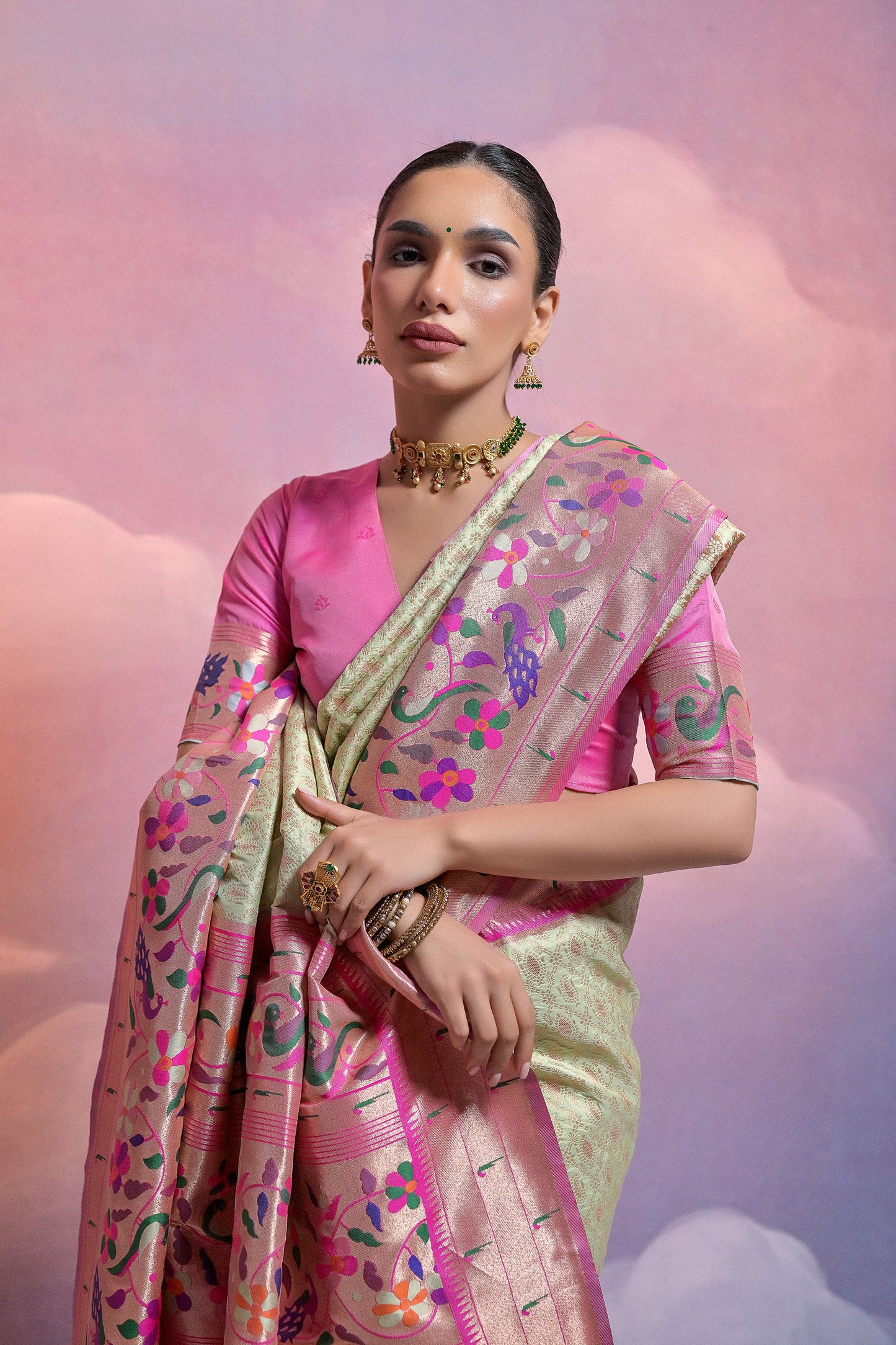 Pista Paithani Silk Meenakari Zari Woven Saree