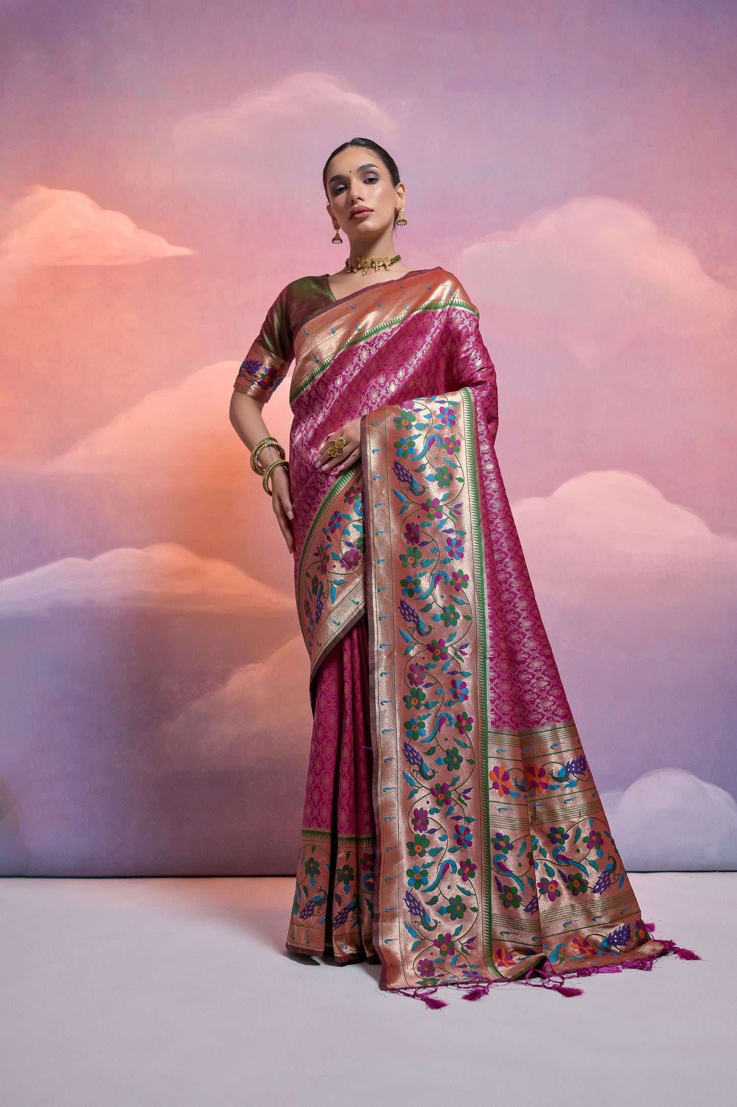 Wine Paithani Silk Meenakari Zari Woven Saree