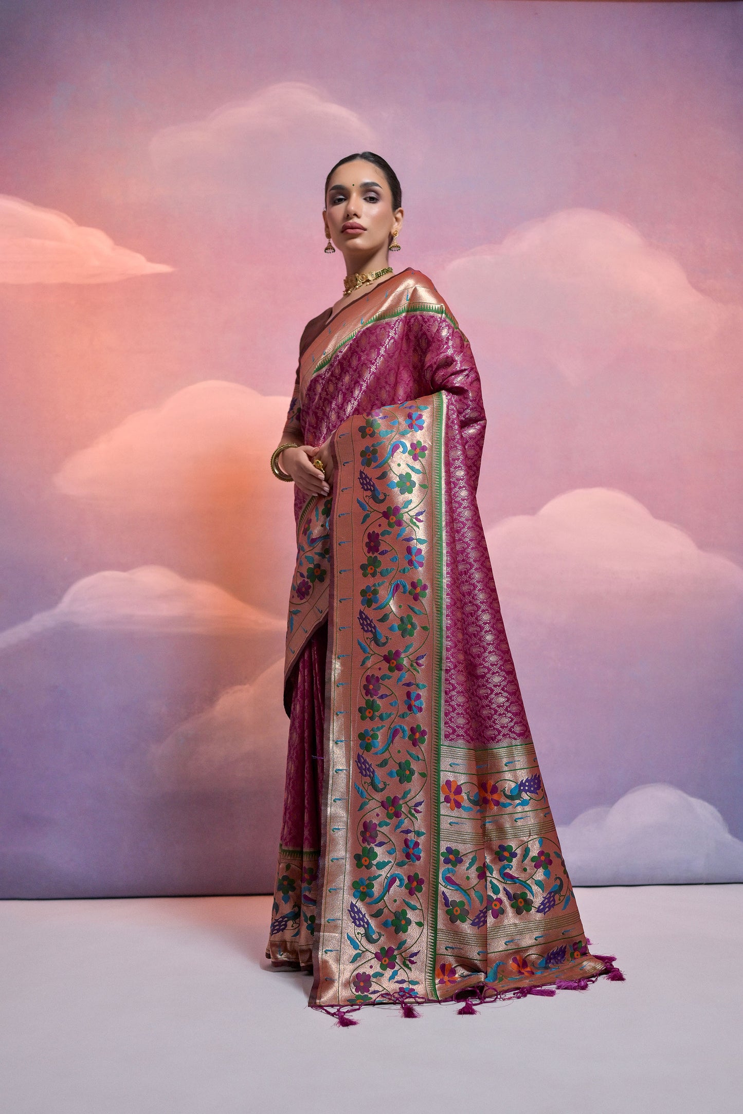 Wine Paithani Silk Meenakari Zari Woven Saree