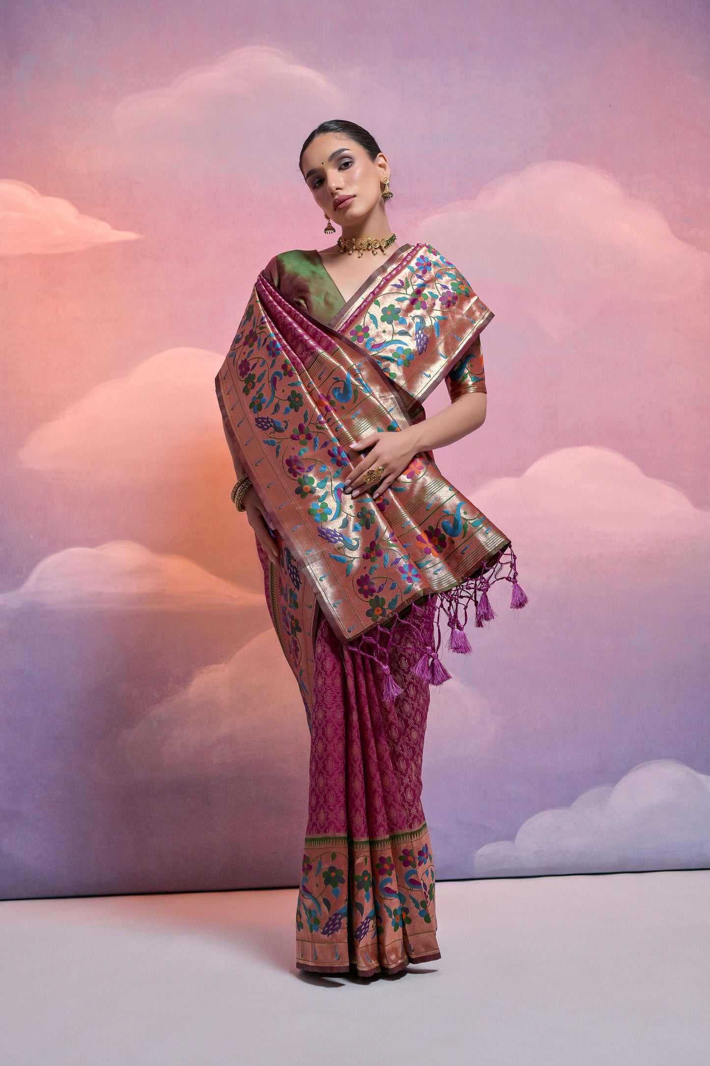 Wine Paithani Silk Meenakari Zari Woven Saree