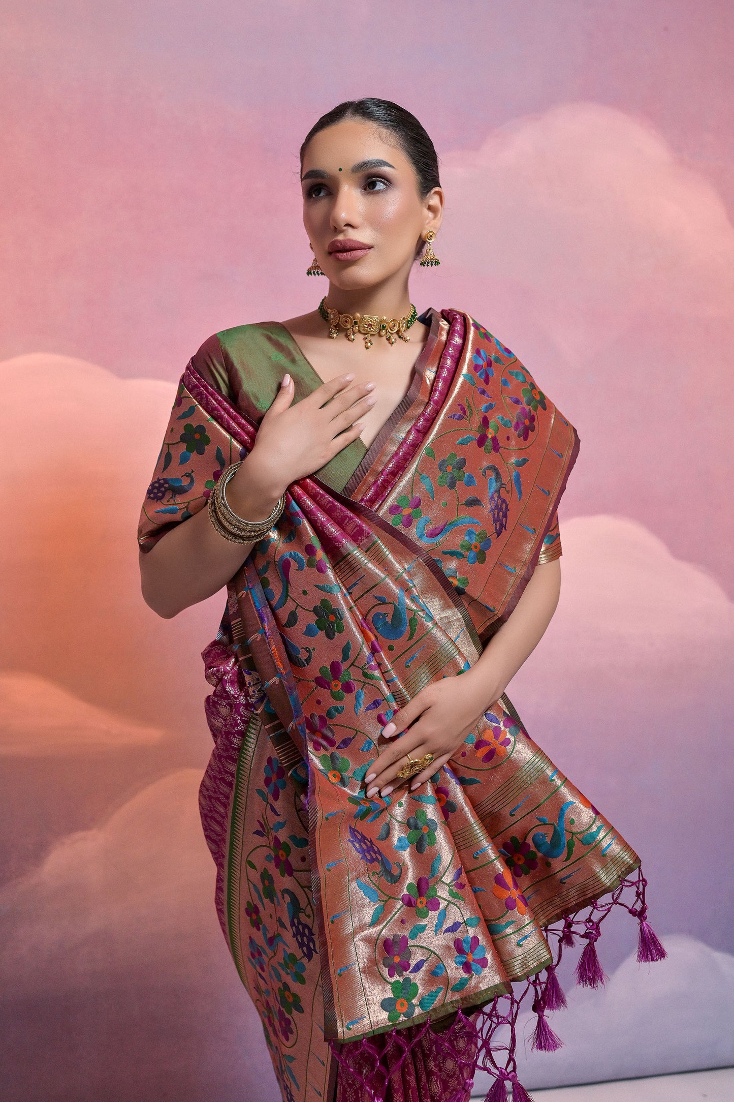 Wine Paithani Silk Meenakari Zari Woven Saree