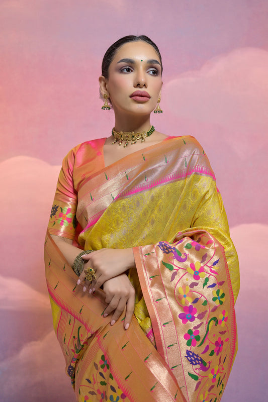 Yellow Paithani Silk Meenakari Zari Woven Saree