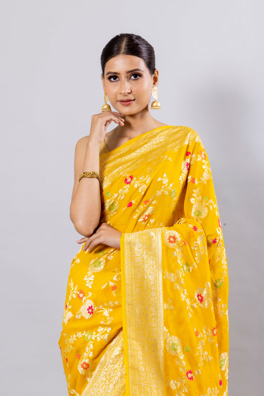 Yellow Georgette Khaddi Pure Silk Saree - Panaya