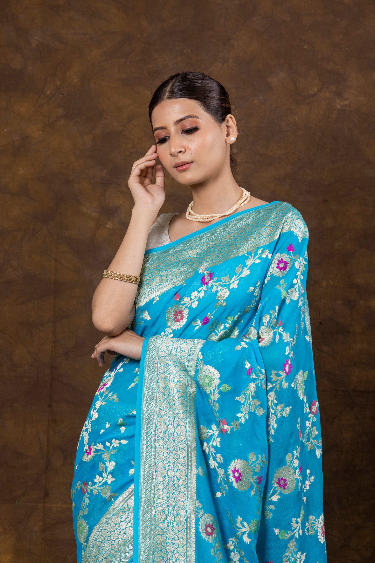 Turquoise Blue Georgette Khaddi Pure Silk Saree - Panaya