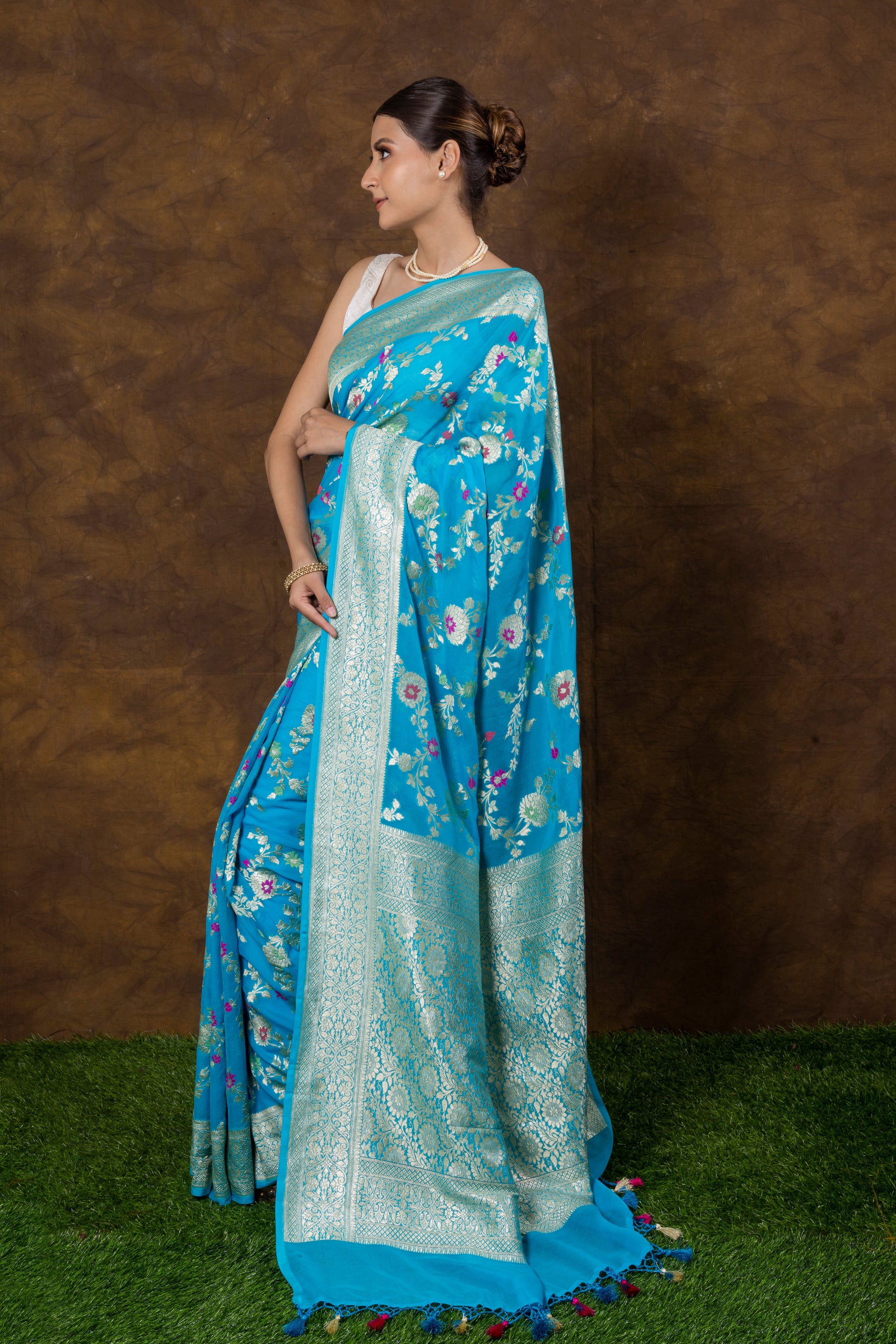 Turquoise Blue Georgette Khaddi Pure Silk Saree - Panaya