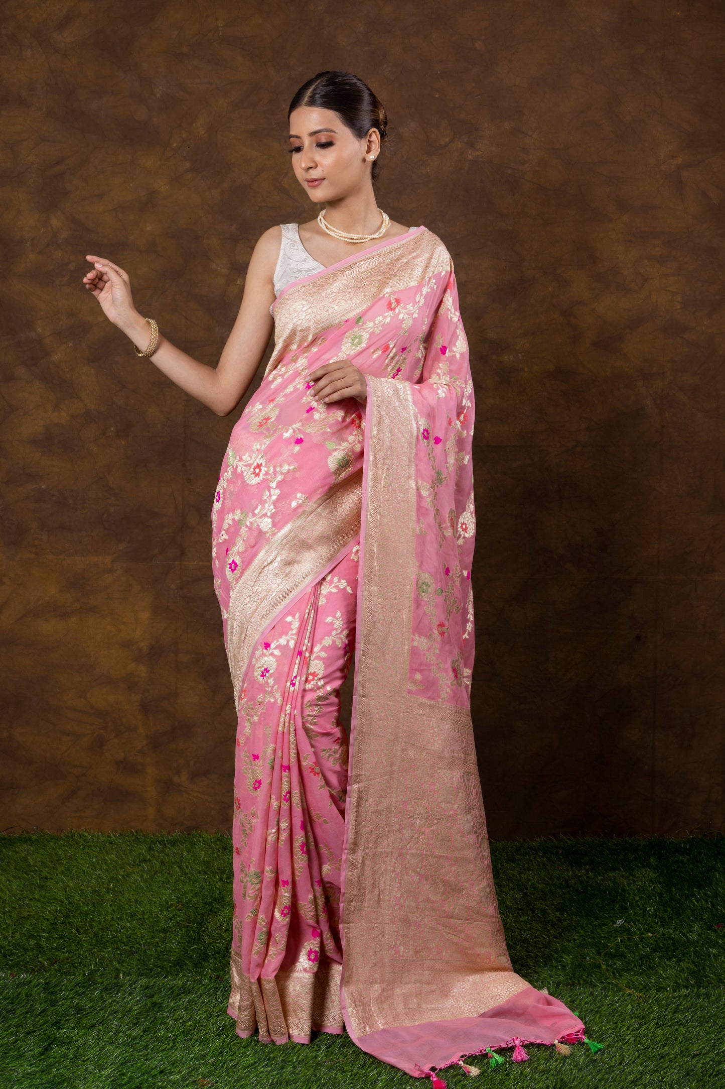 Baby Pink Georgette Khaddi Pure Silk Saree - Panaya