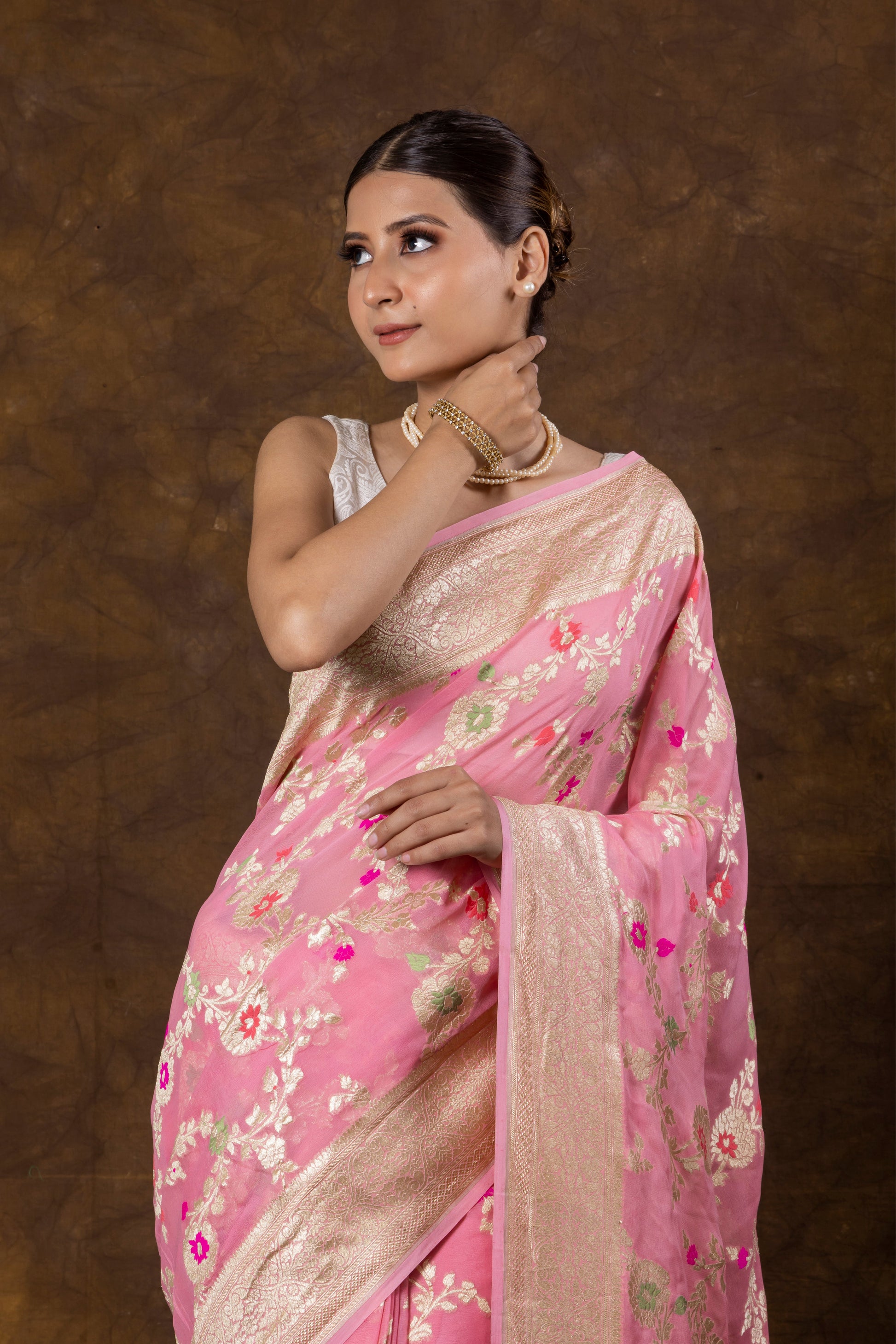 Baby Pink Georgette Khaddi Pure Silk Saree - Panaya