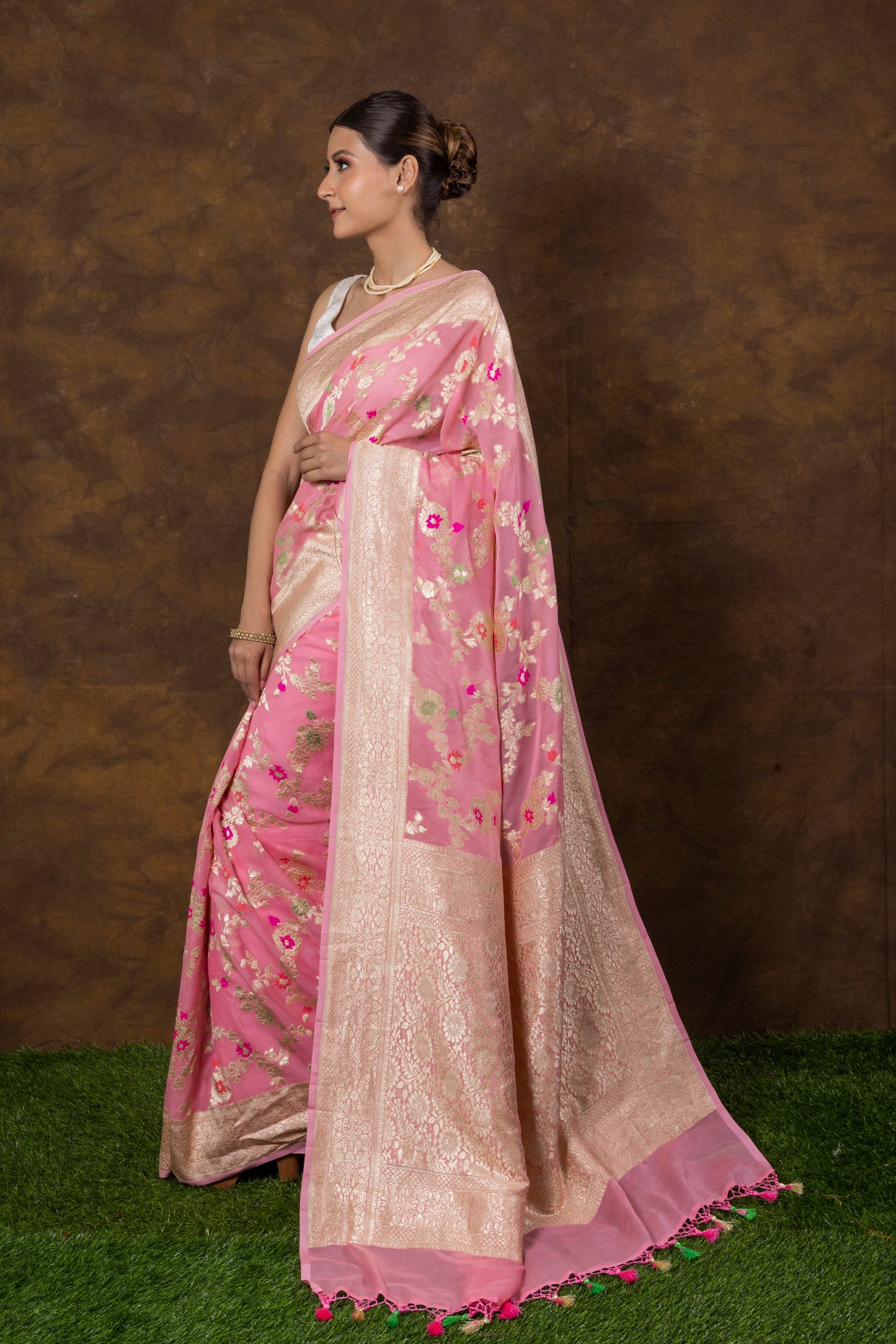 Baby Pink Georgette Khaddi Pure Silk Saree - Panaya