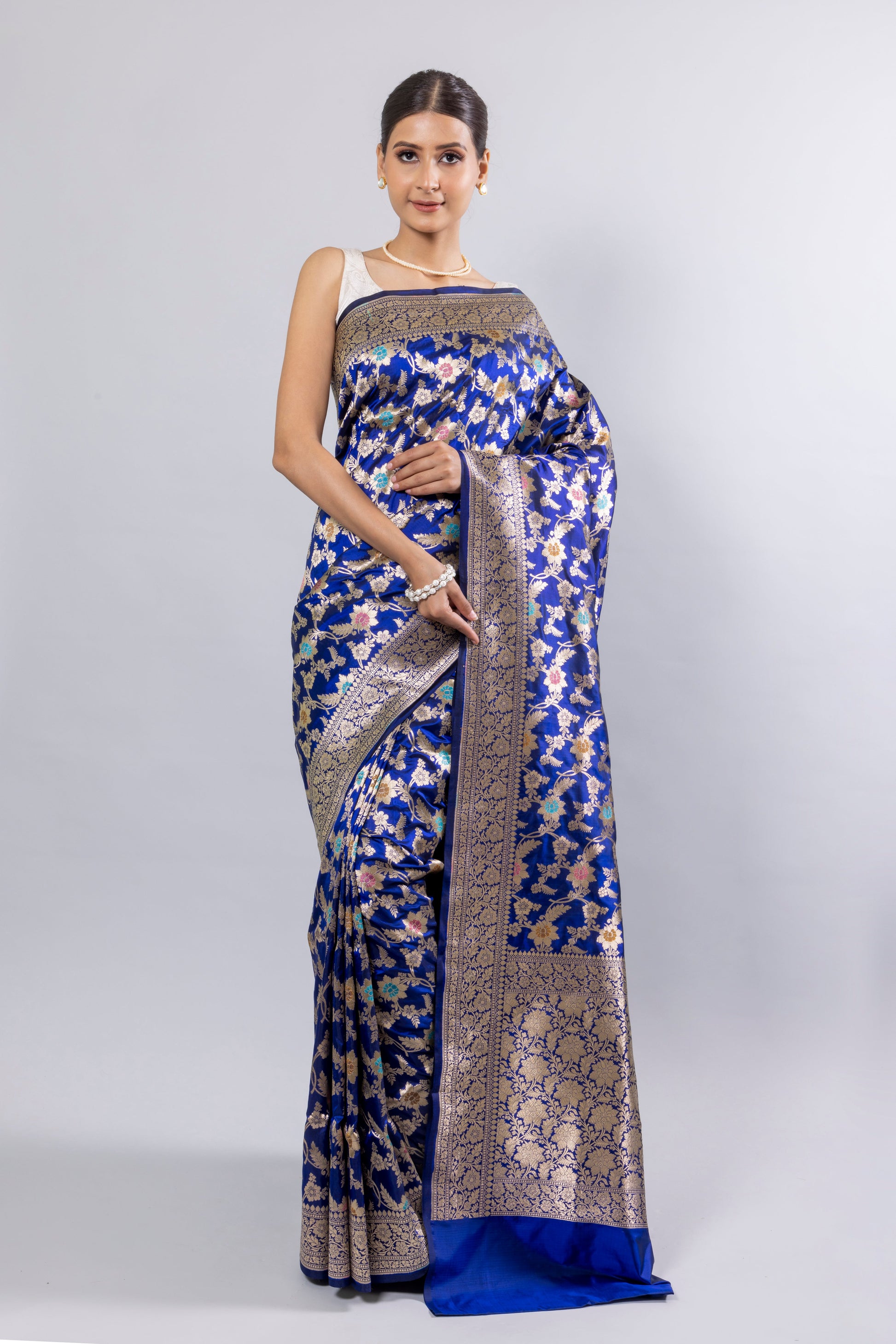 Royal Blue Handwoven Cutwork Katan Silk Saree - Panaya