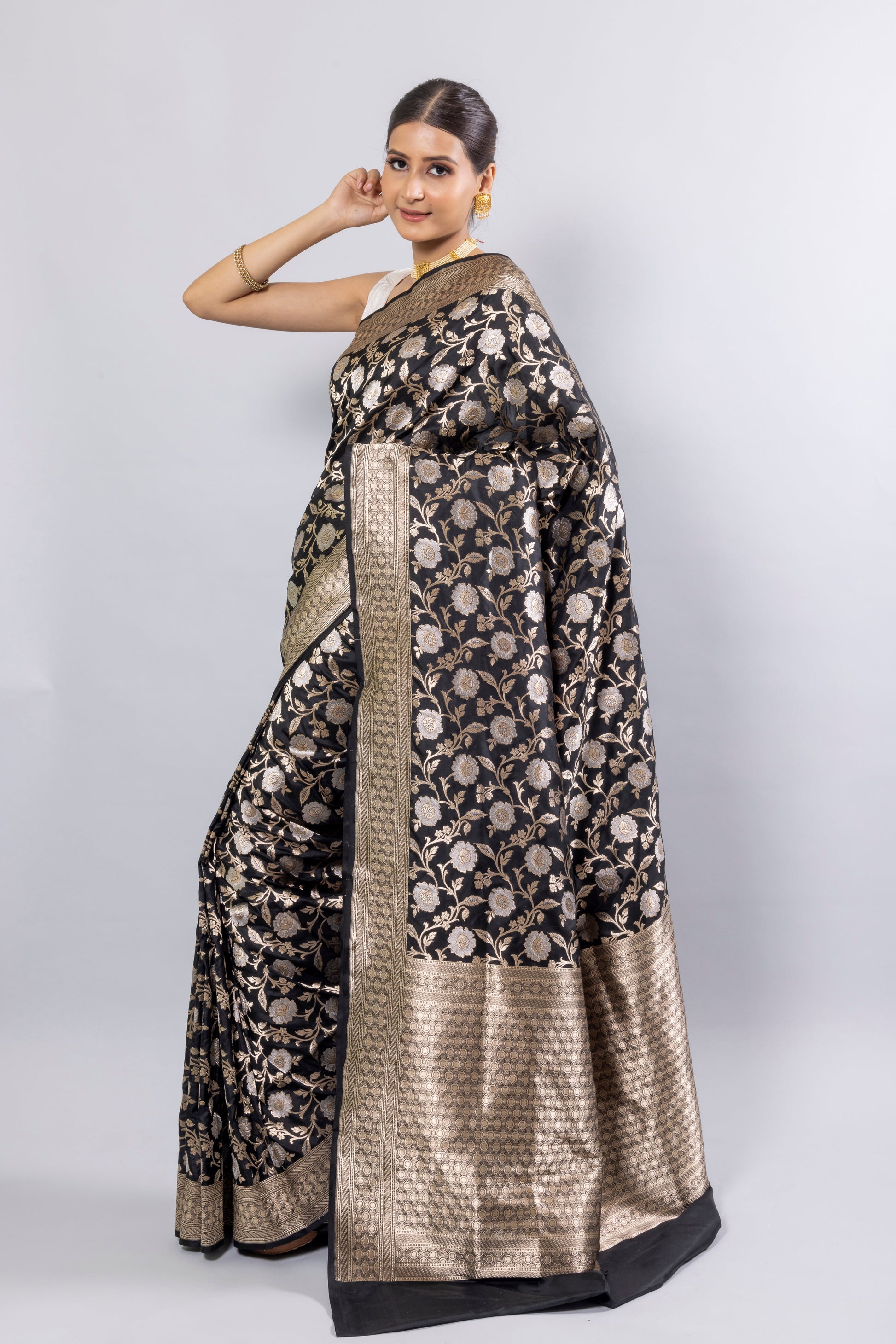 Black Handwoven Cutwork Katan Silk Saree - Panaya