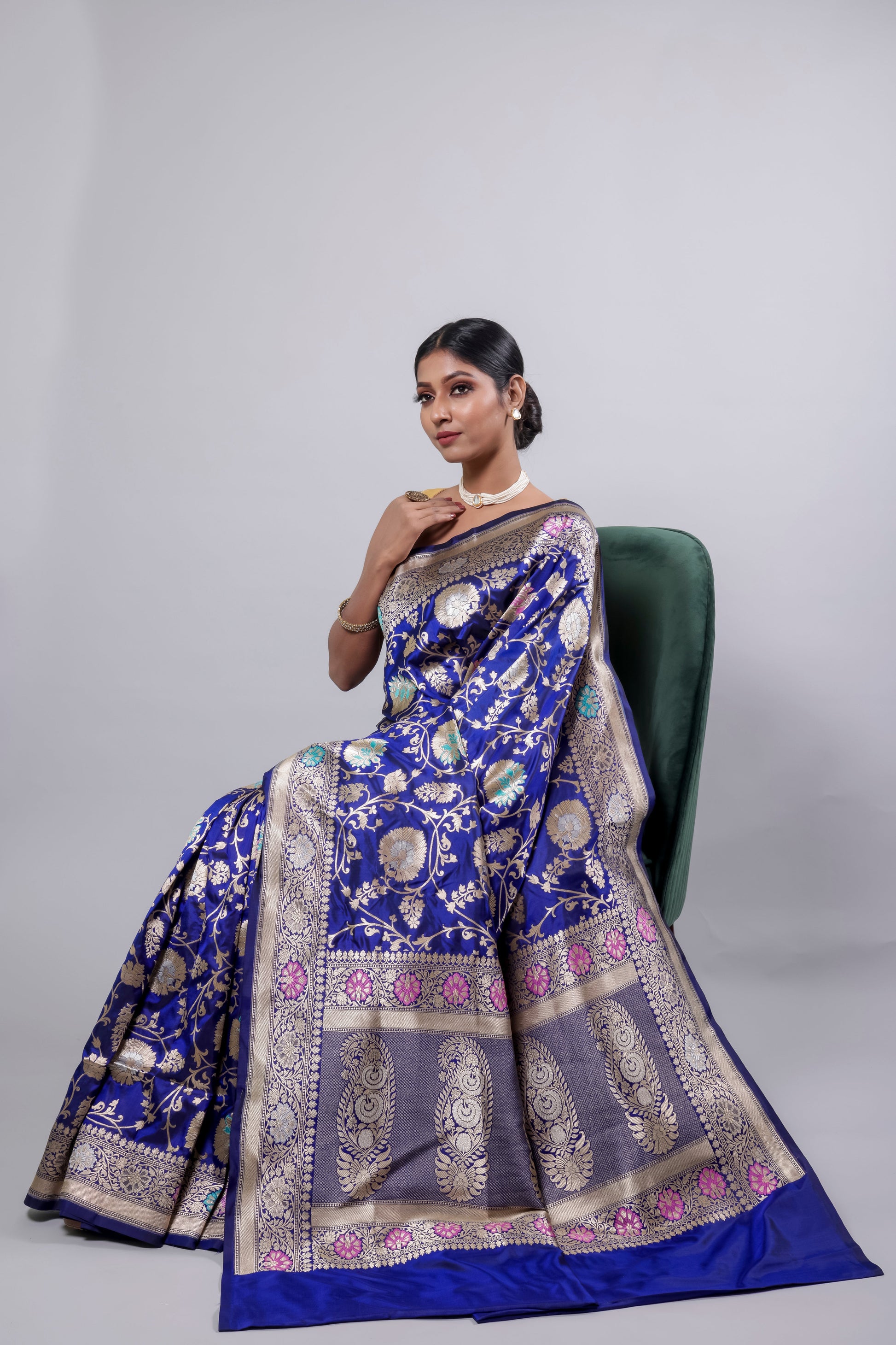 Royal Blue Handwoven Cutwork Katan Silk Saree - Panaya