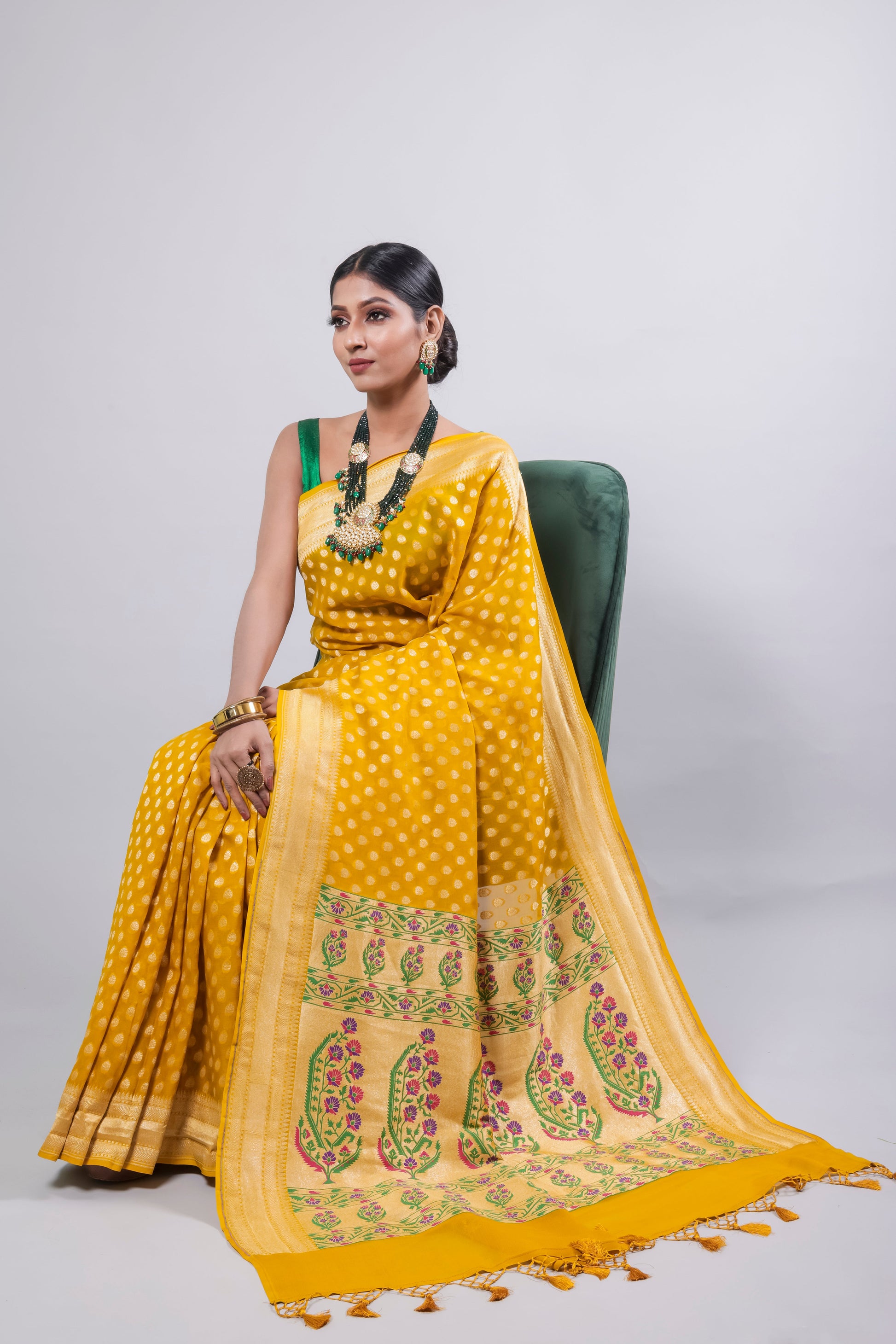 Yellow Georgette Khaddi Pure Silk Saree - Panaya