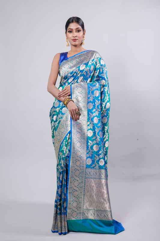 Turquoise Blue Handwoven Cutwork Katan Silk Saree - Panaya