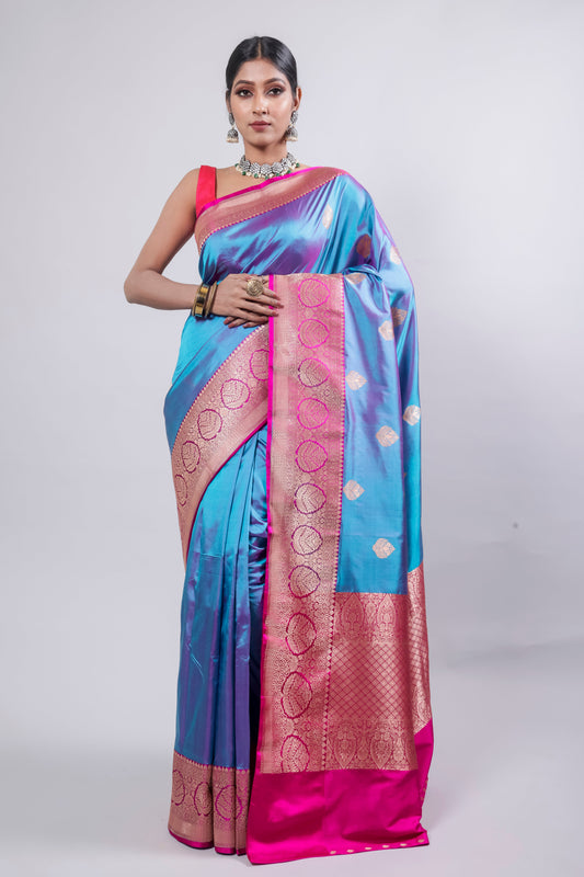 Sky Blue Handwoven Kadwa Katan Pure Silk Saree - Panaya