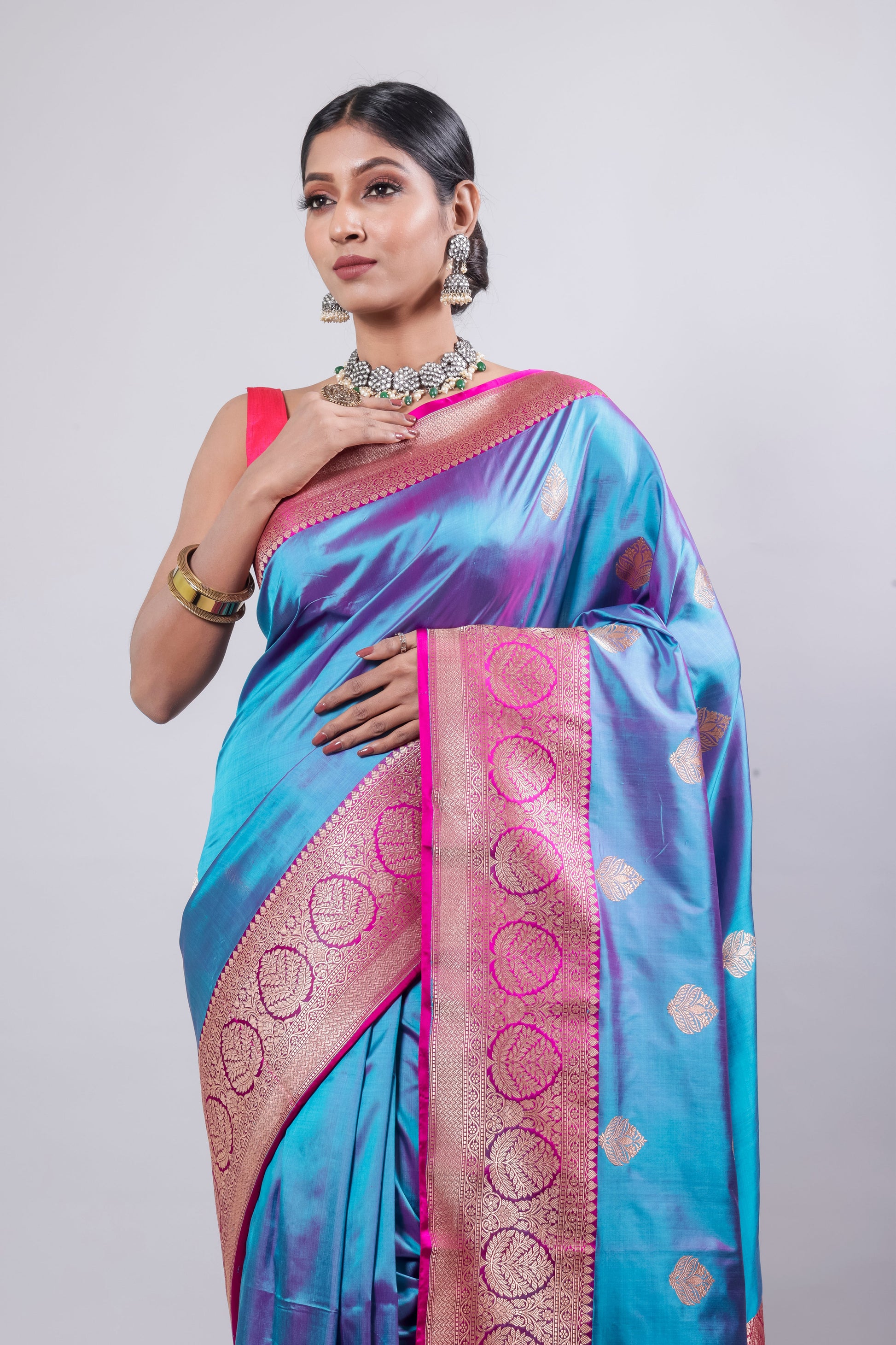 Sky Blue Handwoven Kadwa Katan Pure Silk Saree - Panaya