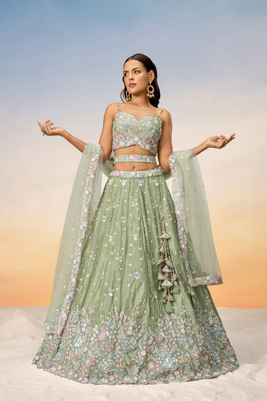 Lime green Chiffon Sequins and thread embroidery Lehenga Choli