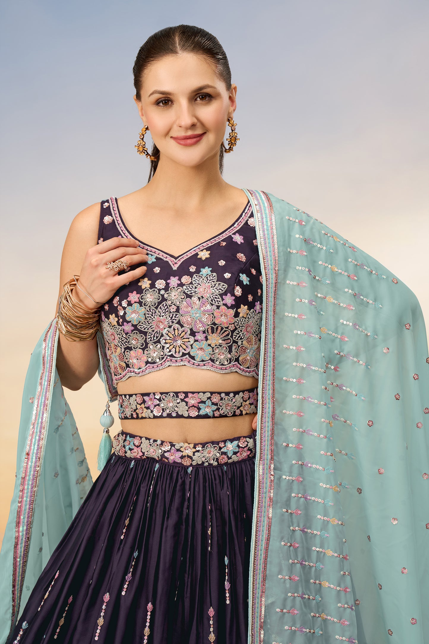 Burgundy Satin Silk Sequins with heavy Sequins embroidery Lehenga choli