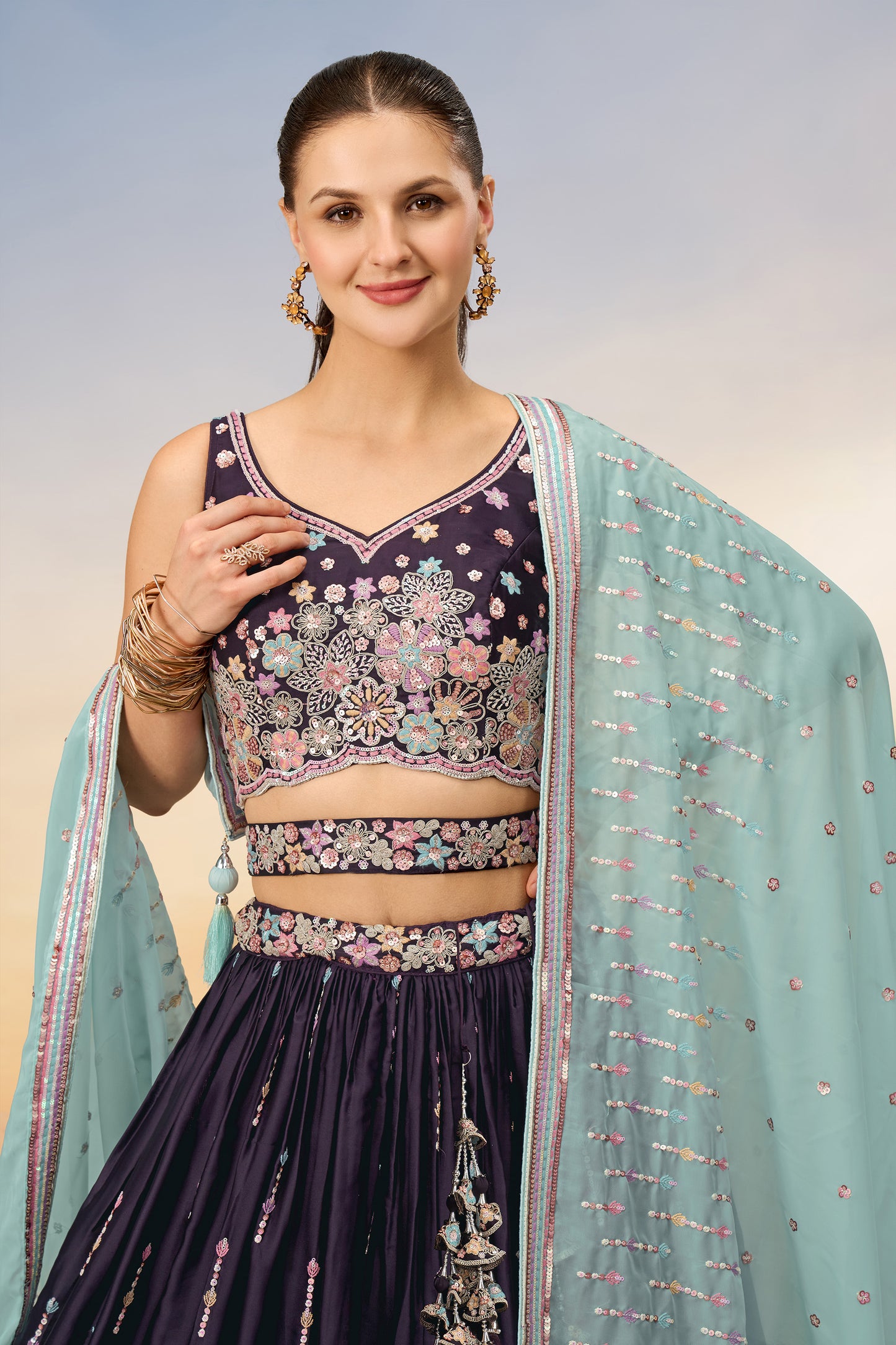 Burgundy Satin Silk Sequins with heavy Sequins embroidery Lehenga choli