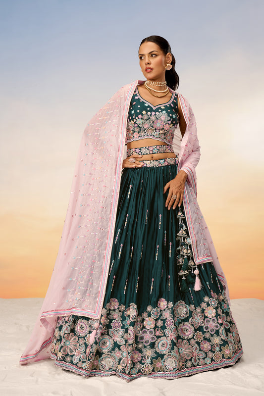 Green Satin Silk Sequins with heavy Sequins embroidery Lehenga choli