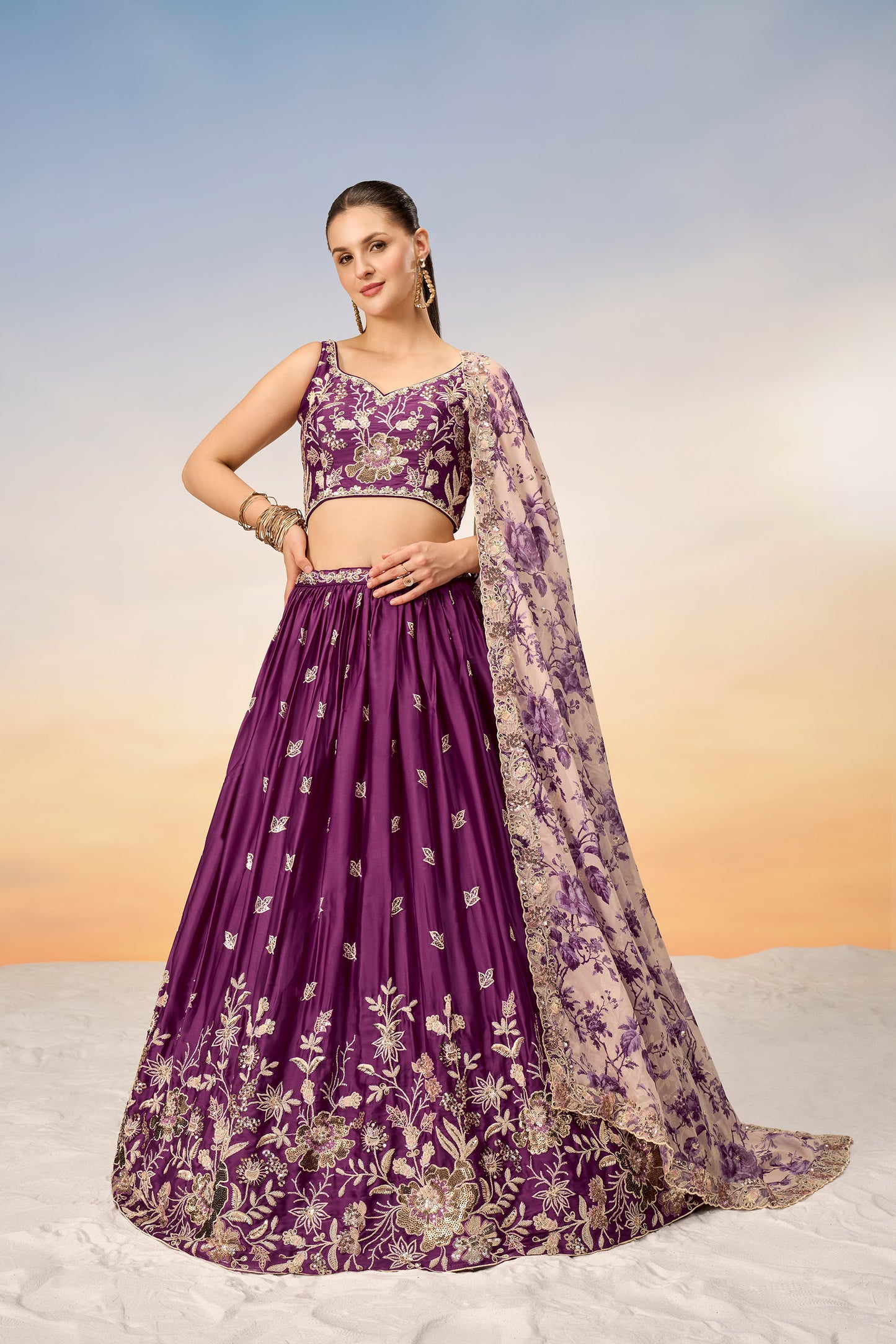 Burgundy Satin silk Sequins embroidery Lehenga Choli