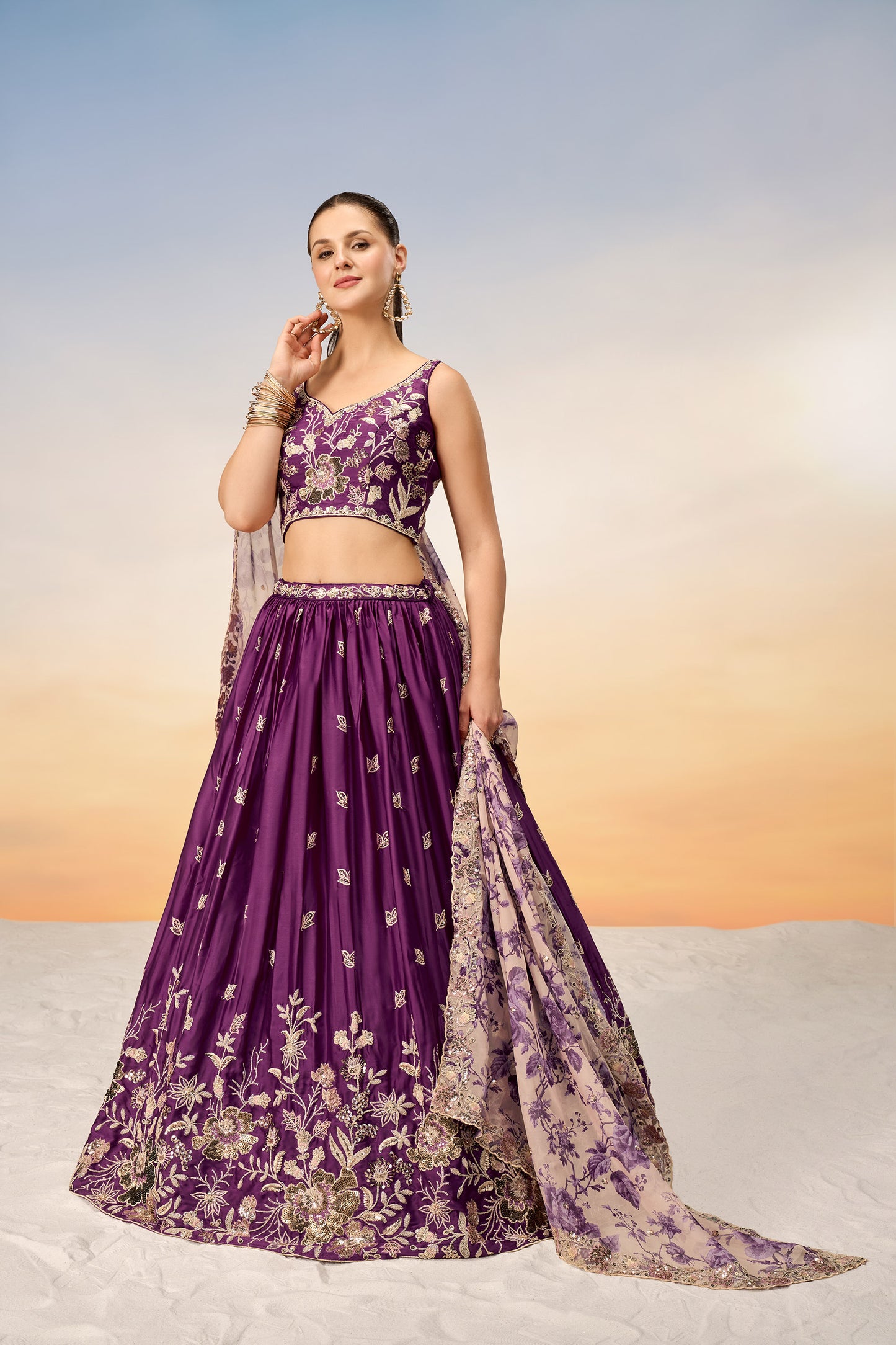 Burgundy Satin silk Sequins embroidery Lehenga Choli