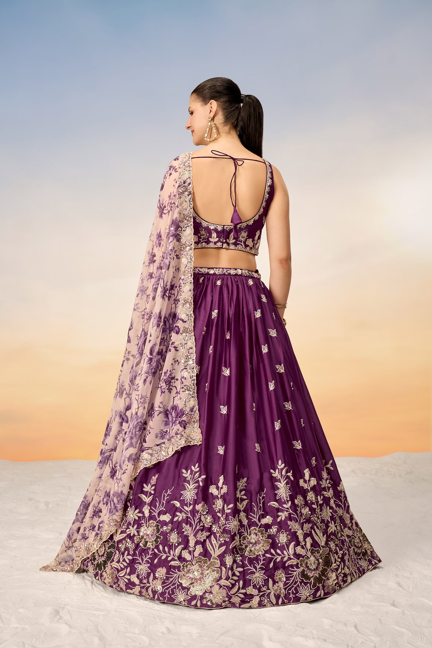 Burgundy Satin silk Sequins embroidery Lehenga Choli